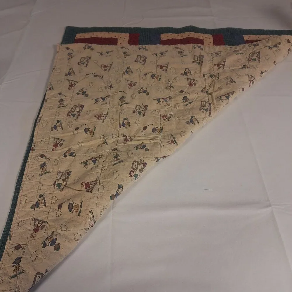 Handmade Quilted Patchwork Rail Fence Baby Blanket Red Blue Crib Throw 31 X 35